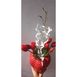 Designerski Wazon w Kształcie Truskawki + Kwiaty Jak Żywe HIT Dekoracji!
