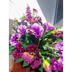 Komplet nagrobny PREMIUM 3-częściowy bukiety jak żywe + znicz na cmentarz