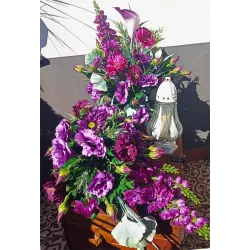 Komplet nagrobny PREMIUM 3-częściowy bukiety jak żywe + znicz na cmentarz