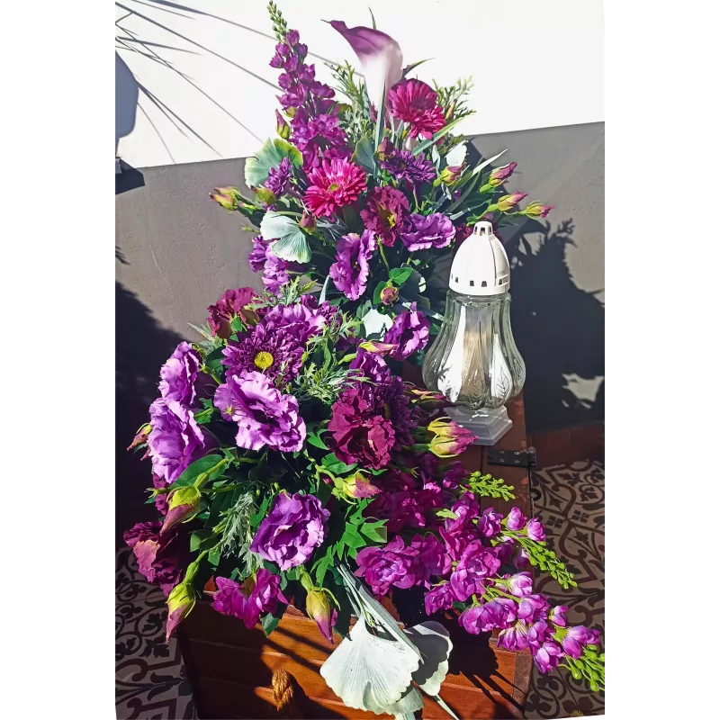 Komplet nagrobny PREMIUM 3-częściowy bukiety jak żywe + znicz na cmentarz