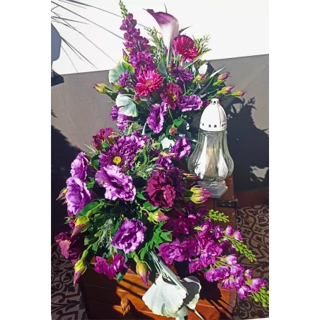 Komplet nagrobny PREMIUM 3-częściowy bukiety jak żywe + znicz na cmentarz