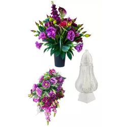 Komplet nagrobny PREMIUM 3-częściowy bukiety jak żywe + znicz na cmentarz