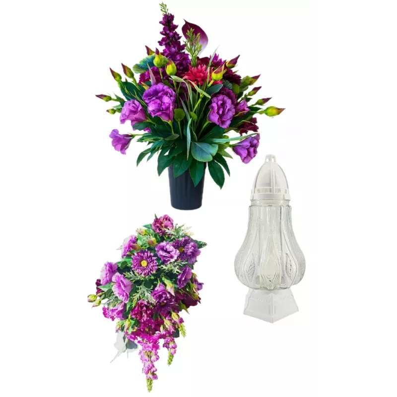 Komplet nagrobny PREMIUM 3-częściowy bukiety jak żywe + znicz na cmentarz