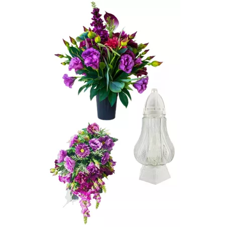 Komplet nagrobny PREMIUM 3-częściowy bukiety jak żywe + znicz na cmentarz