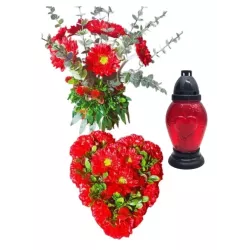 Stroik serce i bukiet do wazonu czerwony – komplet 3-częściowy PREMIUM na cmentarz