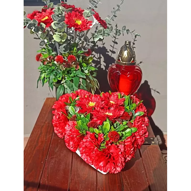 Stroik serce i bukiet do wazonu czerwony – komplet 3-częściowy PREMIUM na cmentarz