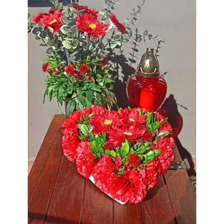 Stroik serce i bukiet do wazonu czerwony – komplet 3-częściowy PREMIUM na cmentarz