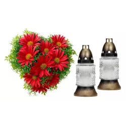 Stroik Nagrobny SERCE Czerwone | 2x Znicz Szklany Biały | Stabilizowany