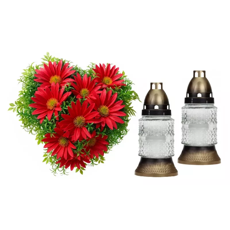 Stroik Nagrobny SERCE Czerwone | 2x Znicz Szklany Biały | Stabilizowany