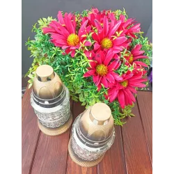 Stroik Nagrobny SERCE Czerwone | 2x Znicz Szklany Biały | Stabilizowany