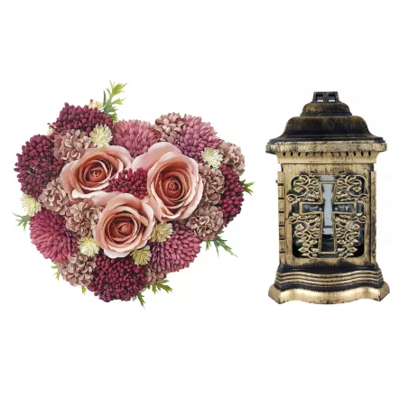 Komplet nagrobny na Wszystkich Świętych znicz z krzyżem + stroik serce