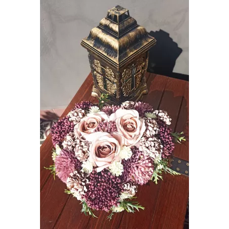 Komplet nagrobny na Wszystkich Świętych znicz z krzyżem + stroik serce