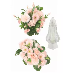 Zestaw nagrobny pudrowy róż: stabilizowany bukiet + stroik + znicz 31 cm