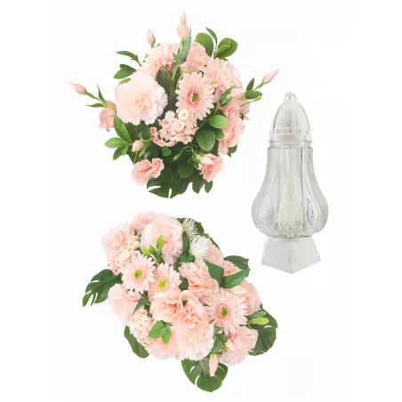 Komplet nagrobny pudrowy róż: stabilizowany bukiet + stroik + znicz 31 cm
