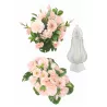 Zestaw nagrobny pudrowy róż: stabilizowany bukiet + stroik + znicz 31 cm