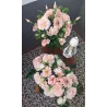 Zestaw nagrobny pudrowy róż: stabilizowany bukiet + stroik + znicz 31 cm