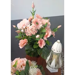 Zestaw nagrobny pudrowy róż: stabilizowany bukiet + stroik + znicz 31 cm