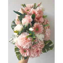 Zestaw nagrobny pudrowy róż: stabilizowany bukiet + stroik + znicz 31 cm