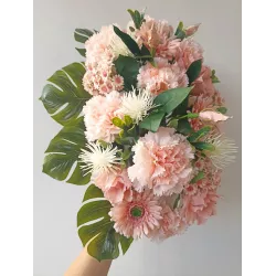 Zestaw nagrobny pudrowy róż: stabilizowany bukiet + stroik + znicz 31 cm