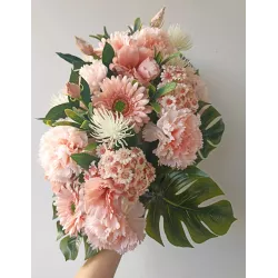 Zestaw nagrobny pudrowy róż: stabilizowany bukiet + stroik + znicz 31 cm