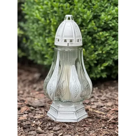 Znicz szklany 31 cm biały + wkład 36 h – tradycyjny