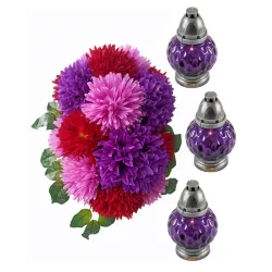 Zestaw Komplet na grób: stroik 50×40×25 + 3 znicze kula fiolet 21 cm