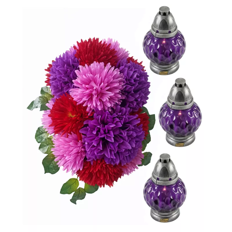 Zestaw Komplet na grób: stroik 50×40×25 + 3 znicze kula fiolet 21 cm