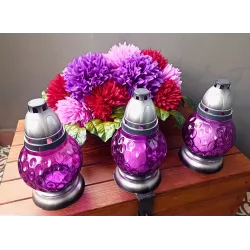 Zestaw Komplet na grób: stroik 50×40×25 + 3 znicze kula fiolet 21 cm