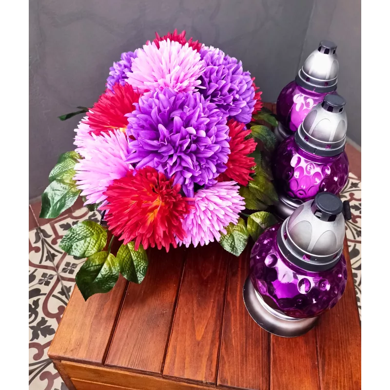 Zestaw Komplet na grób: stroik 50×40×25 + 3 znicze kula fiolet 21 cm