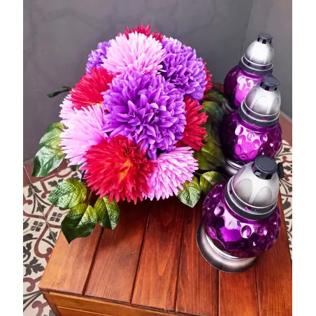 Zestaw Komplet na grób: stroik 50×40×25 + 3 znicze kula fiolet 21 cm