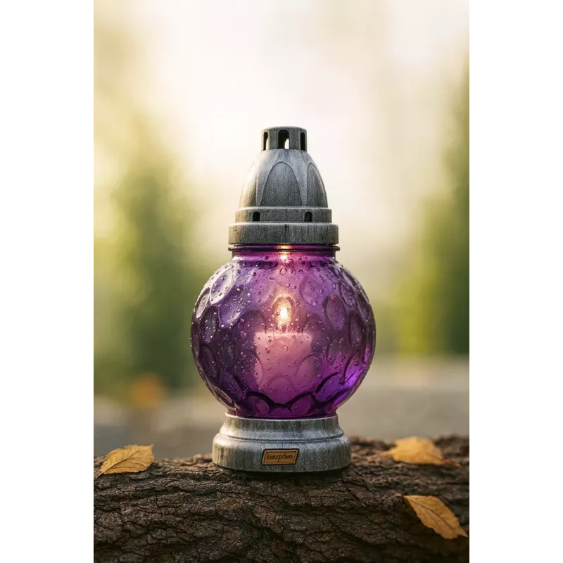 Znicz szklany KULA 21 cm fioletowy z wkładem