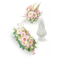 Komplet nagrobny na Wszystkich Świętych – wiązanka + bukiet + szklany znicz