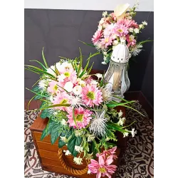 Komplet nagrobny na Wszystkich Świętych – wiązanka + bukiet + szklany znicz