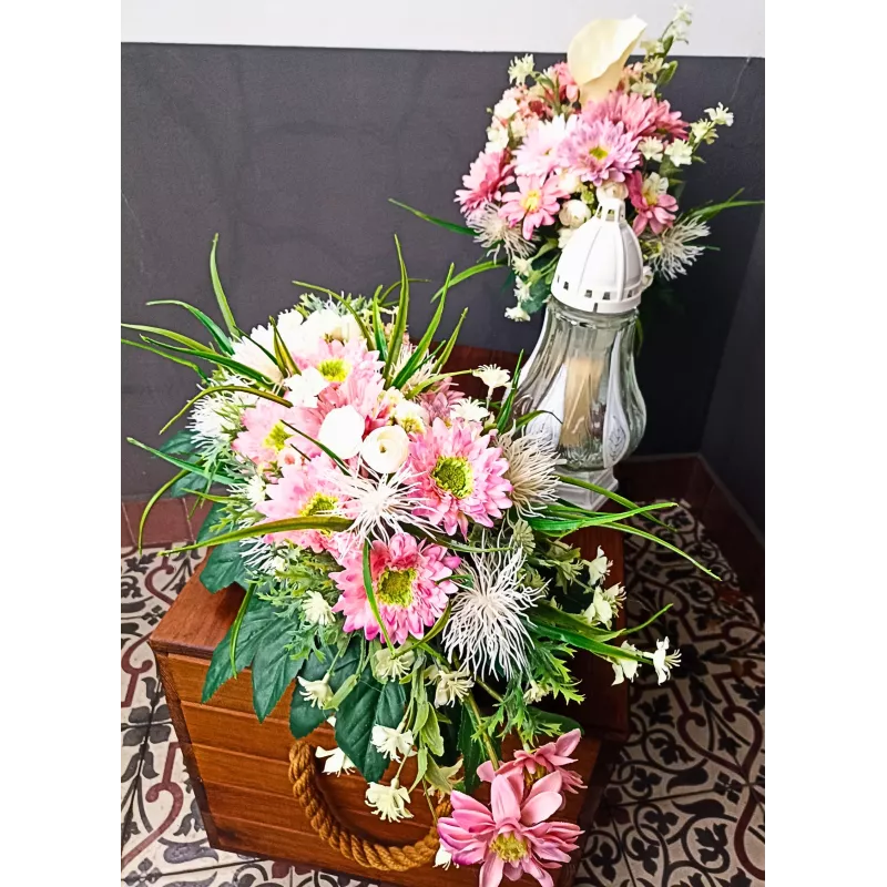 Komplet nagrobny na Wszystkich Świętych – wiązanka + bukiet + szklany znicz