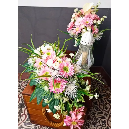 Komplet nagrobny na Wszystkich Świętych – wiązanka + bukiet + szklany znicz