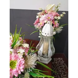 Komplet nagrobny na Wszystkich Świętych – wiązanka + bukiet + szklany znicz