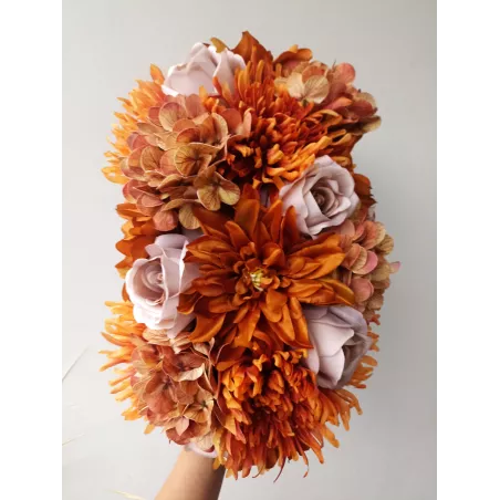 Stroik na grób podłużny jesienny – chryzantemy i róże, sztuczne kwiaty