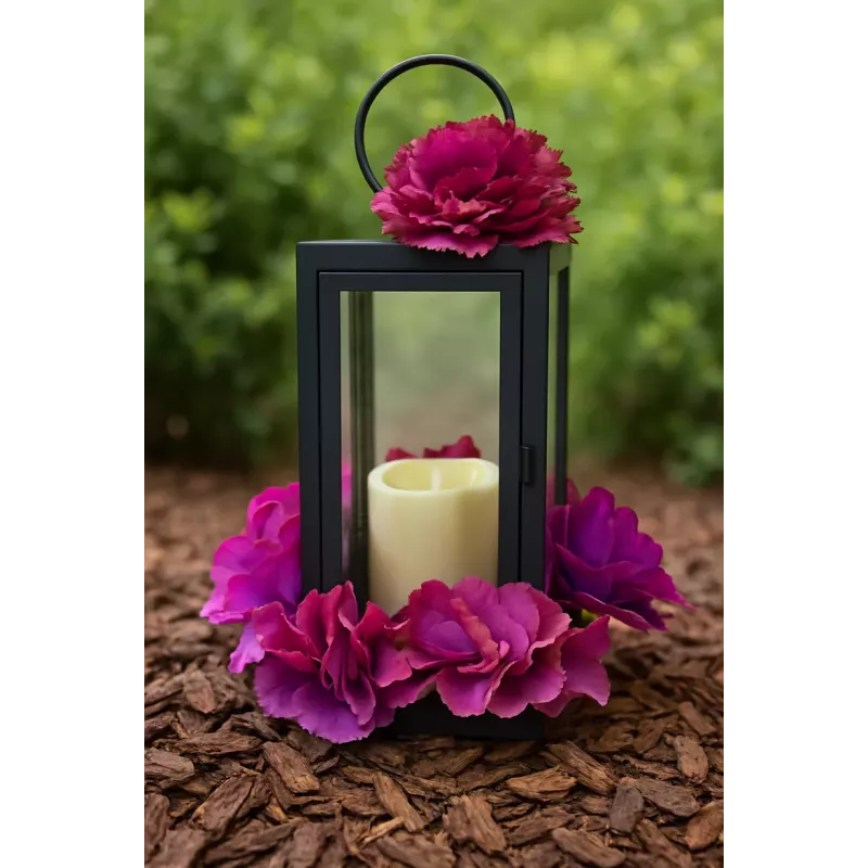 LAMPION LATARENKA DEKORACYJNA ZNICZ LED ZE ŚWIECĄ 21CM KWIATY NA GRÓB