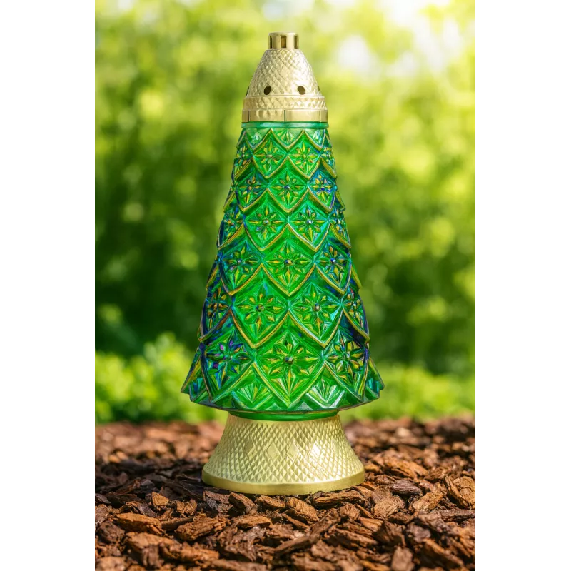 Znicz Nagrobny Choinka Szklana 42 cm – Zielona/Złota z Wymiennym Wkładem