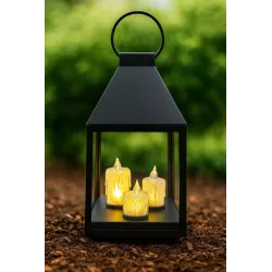 Lampion latarenka czarna 25 cm z 3 świeczkami LED dekoracja