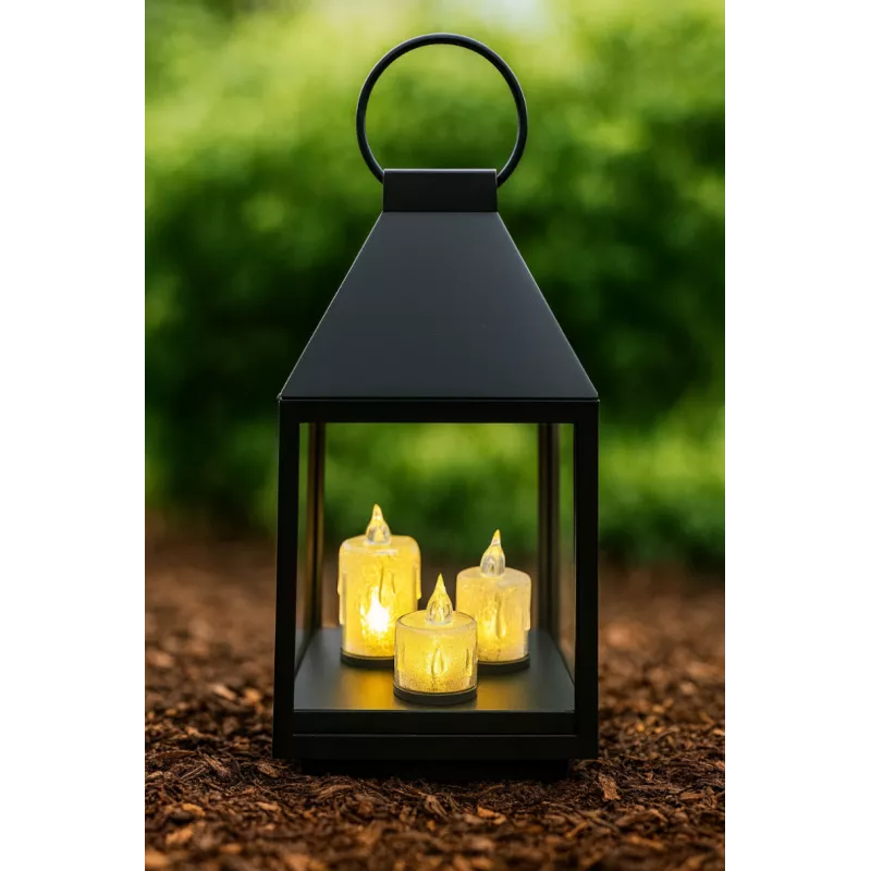 Lampion latarenka czarna 25 cm z 3 świeczkami LED dekoracja