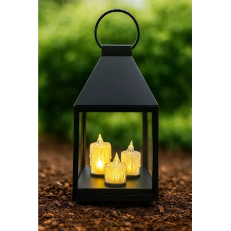 Lampion latarenka czarna 25 cm z 3 świeczkami LED dekoracja