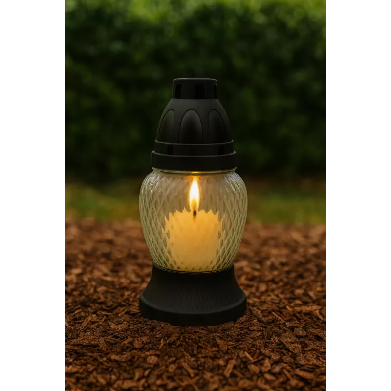 Znicz szklany czarno-biały 17,5 cm na grób z wkładem