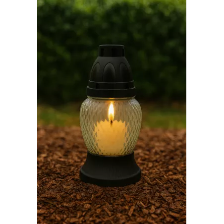 Znicz szklany czarno-biały 17,5 cm na grób z wkładem