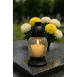 Znicz szklany czarno-biały 17,5 cm na grób z wkładem