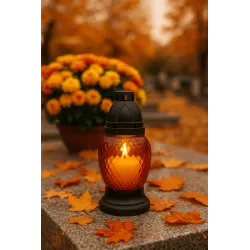 Znicz szklany czarno-biały 17,5 cm na grób z wkładem