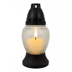 Znicz szklany czarno-biały 17,5 cm na grób z wkładem