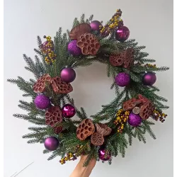 Wieniec bożonarodzeniowy 60 cm – fiolet naturalne dodatki, rękodzieło
