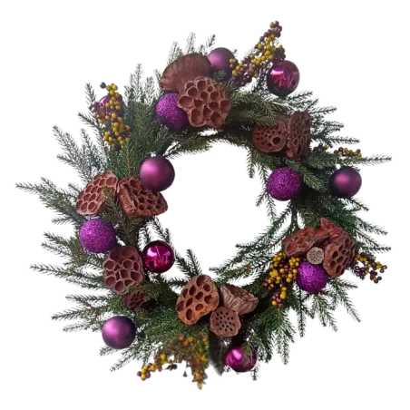 Wieniec bożonarodzeniowy 60 cm – fiolet naturalne dodatki, rękodzieło
