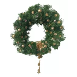 Wieniec bożonarodzeniowy 45 cm na drzwi – złoty, z dzwonkami, szyszki, rękodzieło